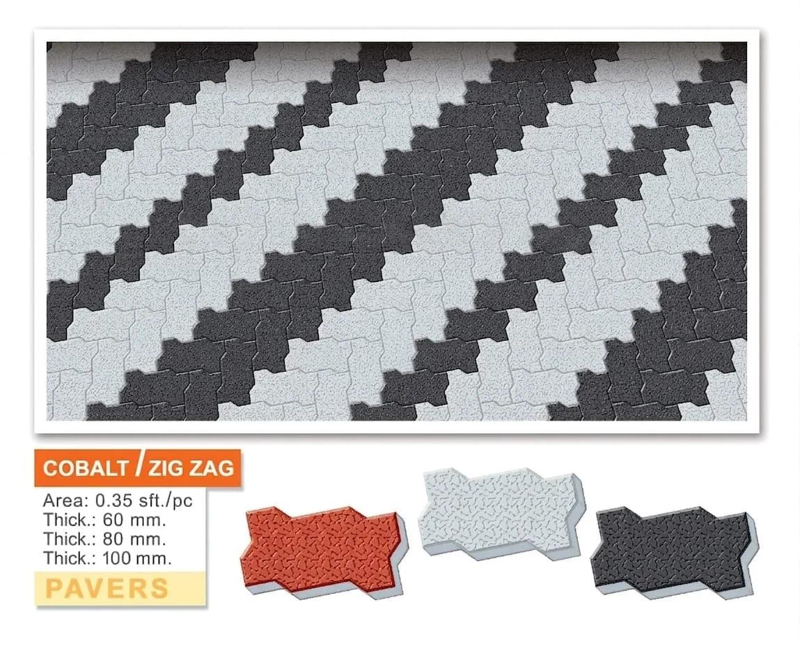 Cobalt zig-zag interlocking concrete pavers in black and white diagonal pattern