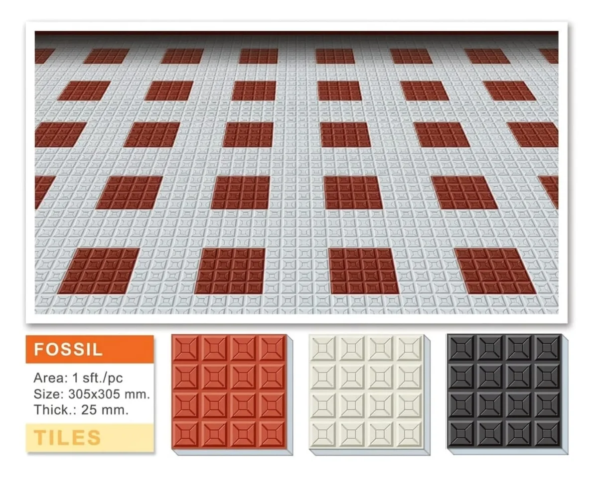 Fossil concrete paving tiles in red and cream checker pattern