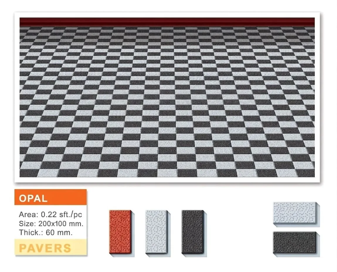 Opal rectangular concrete pavers in alternating black and white checker pattern