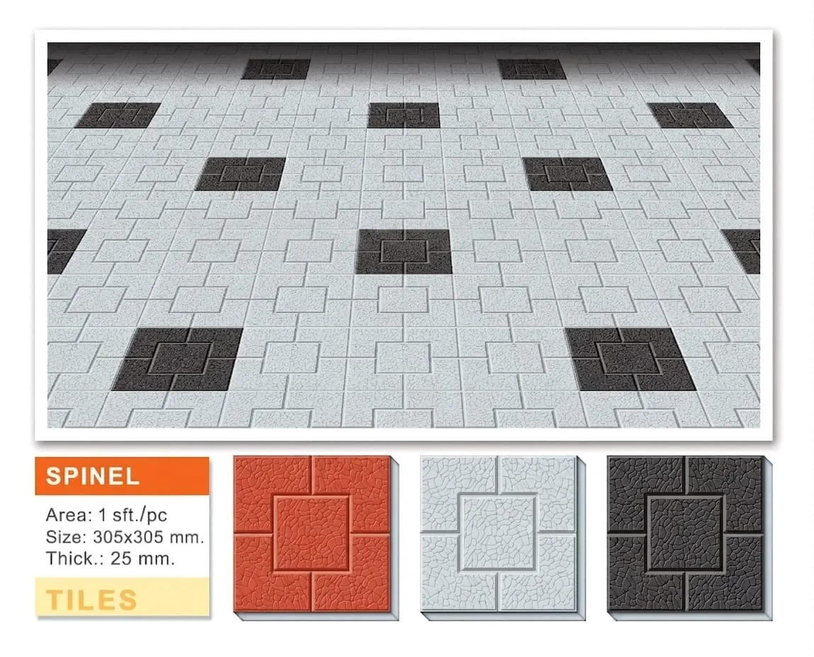 Spinel concrete paving tiles with central square motif in white and charcoal