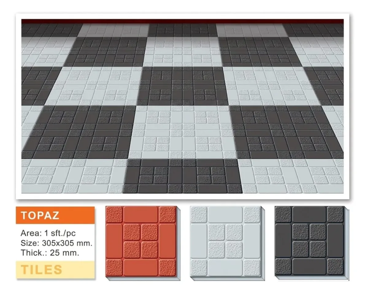 Topaz concrete paving tiles in charcoal and white multi-size brick pattern